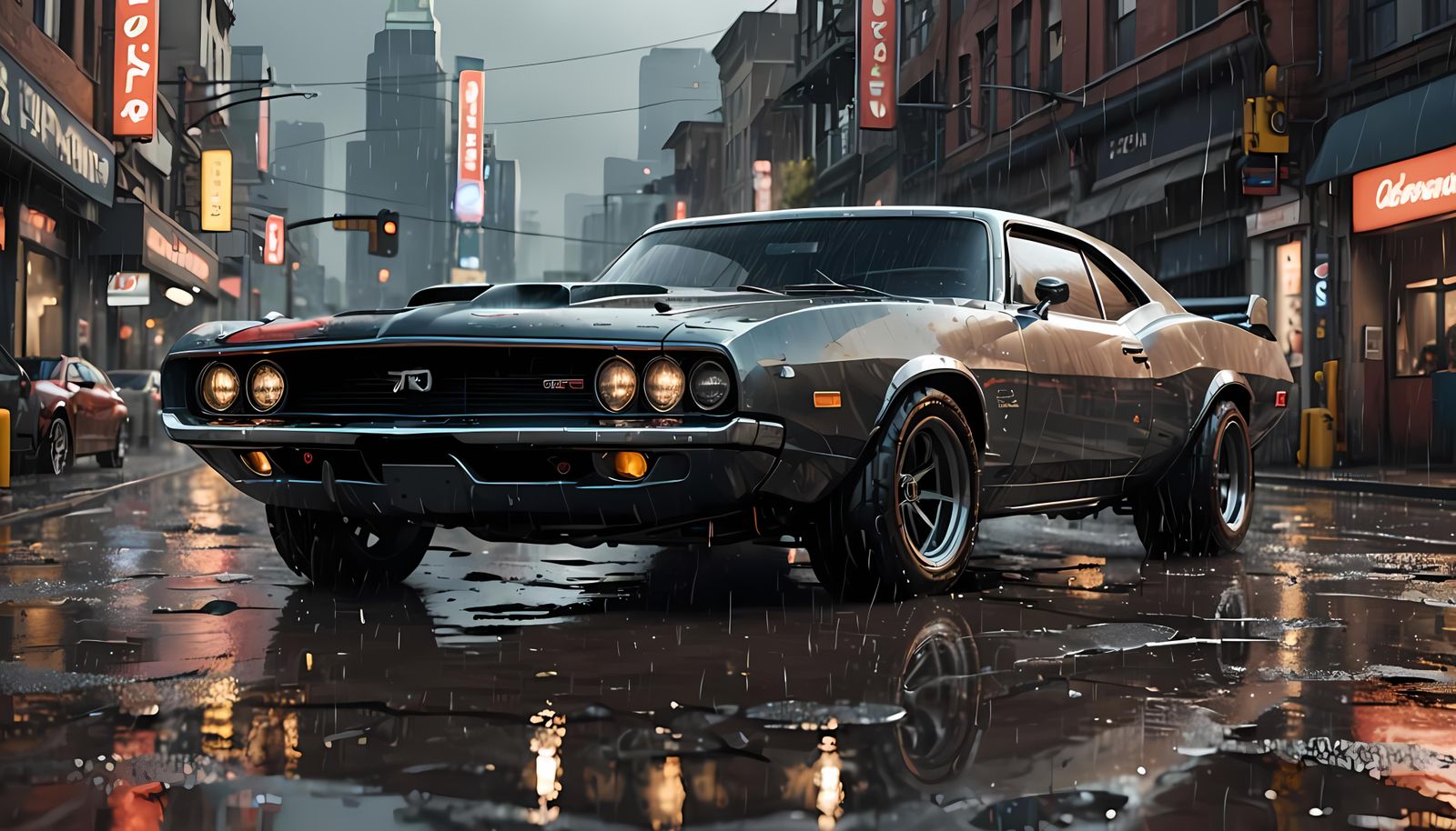 Futuristic Muscle Car in Heavy Rain: Sci-Fi Render