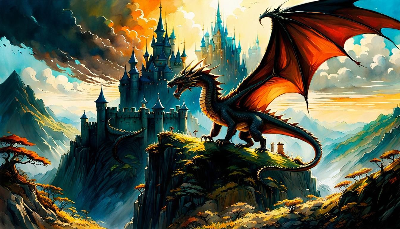 Dragon and Castle in Ghibli Watercolor Style