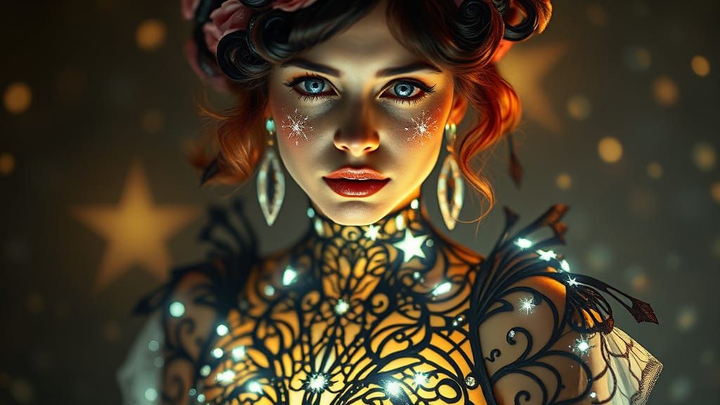 Punk Woman in Starlight Dress, Art Nouveau Style