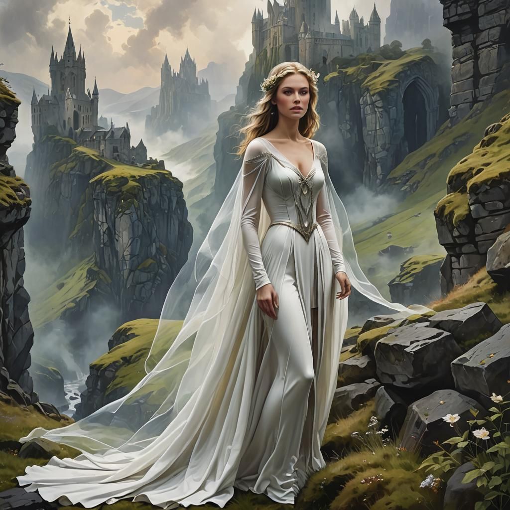 Ethereal Transparent Woman in Foggy Ruins, Watercolor