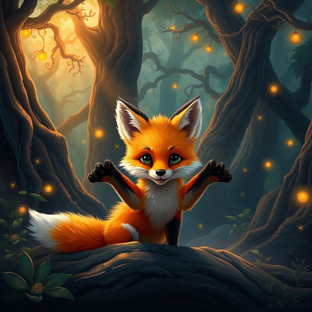 Whimsical Baby Fox in Ancient Mystical Forest