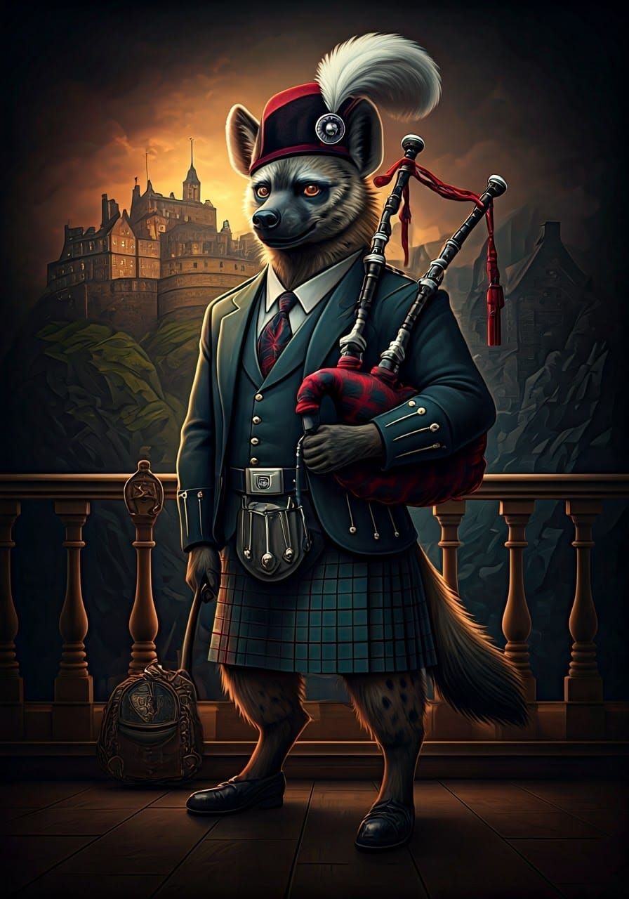 Anthropomorphic, Hyena, , Edinburgh, Cubism, , Hyperdetailed,  Anna Dittman,, Kilt, castle, bagpipes, Walt Disney
