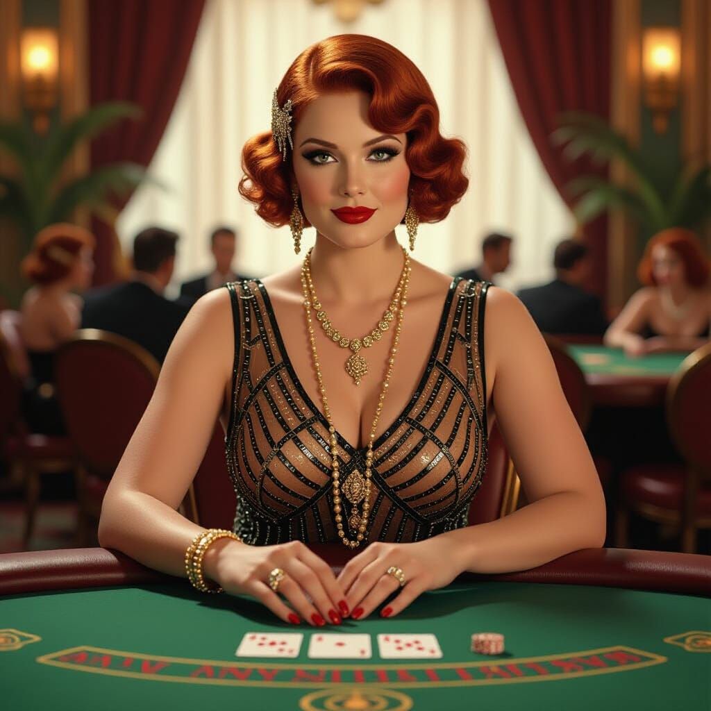 Glamorous Woman at Art Deco Poker Table