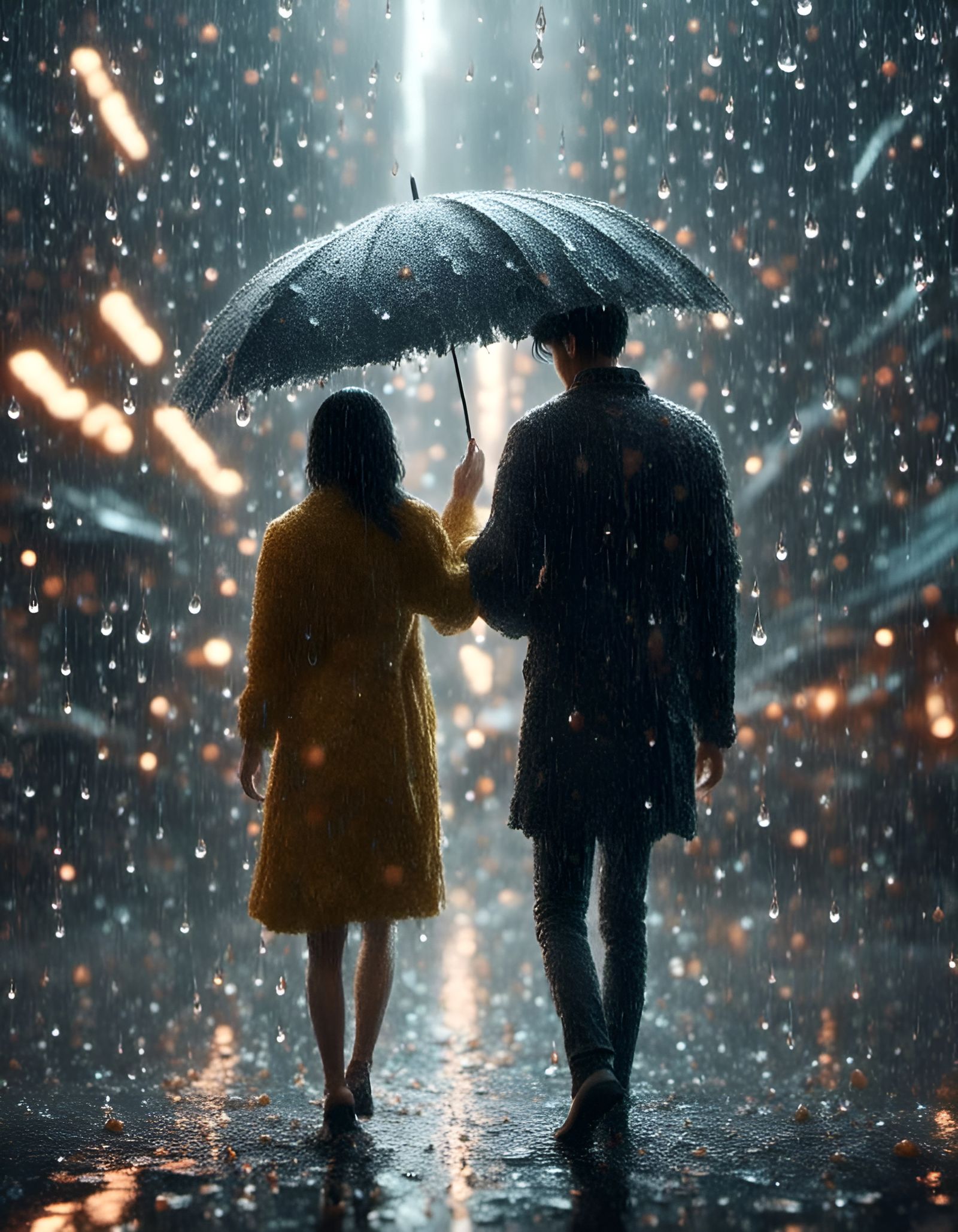 Korean Couple in Rain: Hyperrealistic Cinematic Portrait