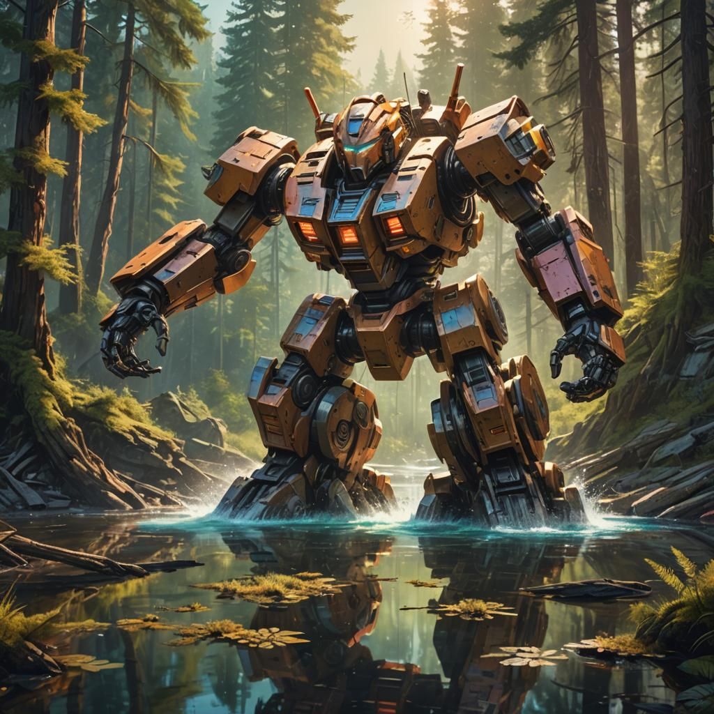 Giant Robot Helping Beavers: Vibrant Oil Painting