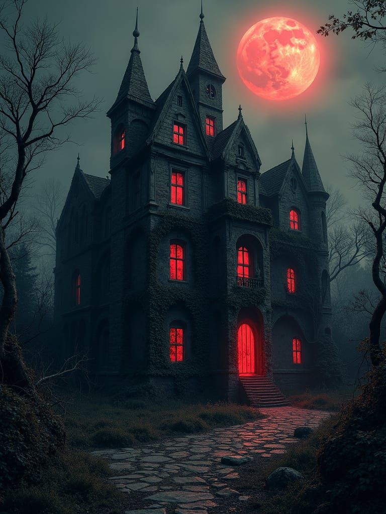 Dark Gothic Mansion Reaches for the Moon