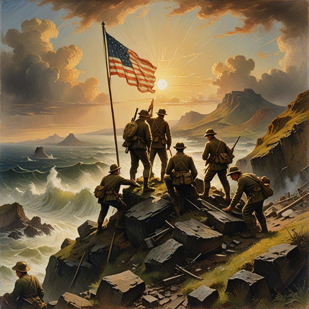 Dramatic Moment of American Flag on Iwo Jima in Soft Focus