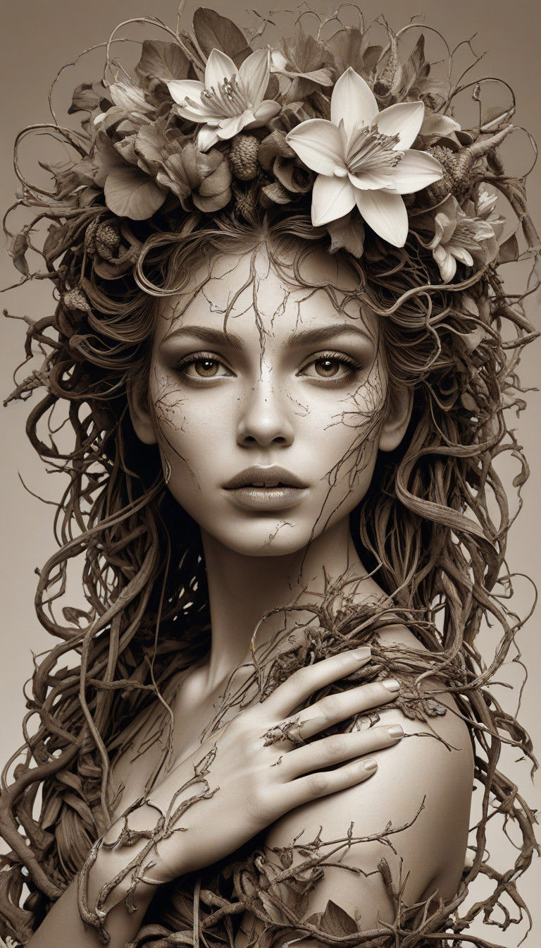 Surreal Nature Goddess Emerges from Tree Roots in Sepia Tone...
