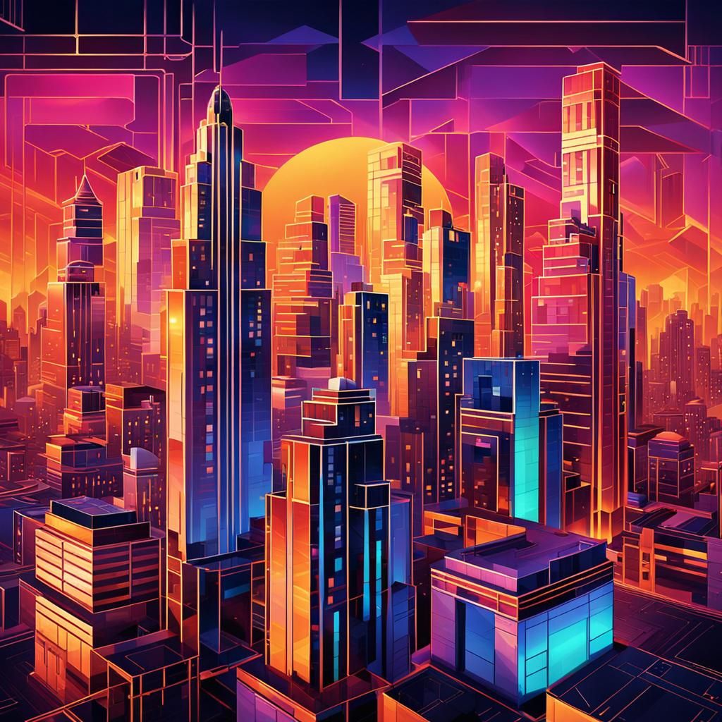 Art Deco Cityscape with Skyscrapers in Digital Art