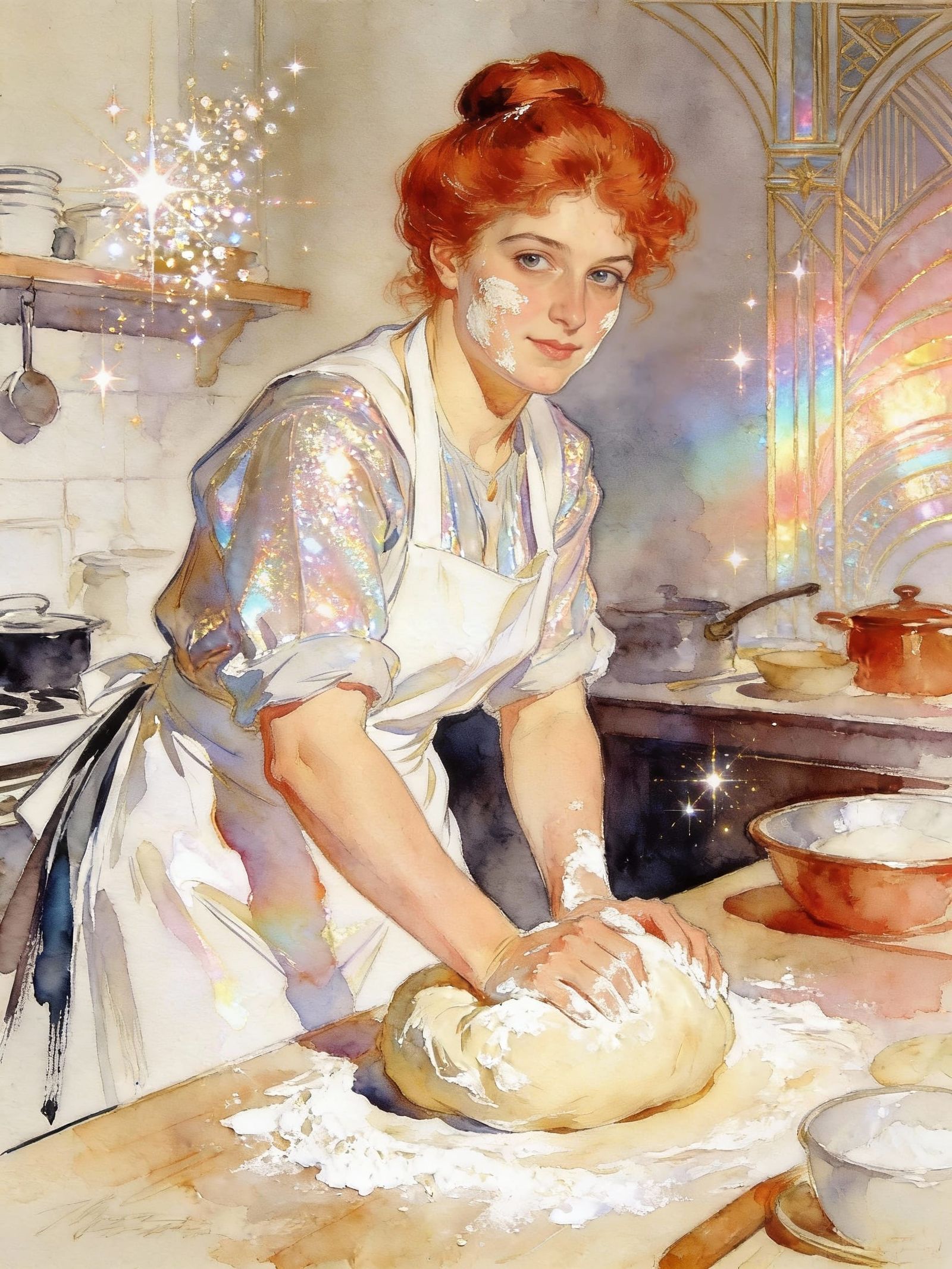 Redhead Baker Kneading Dough with Art Deco Shimmer