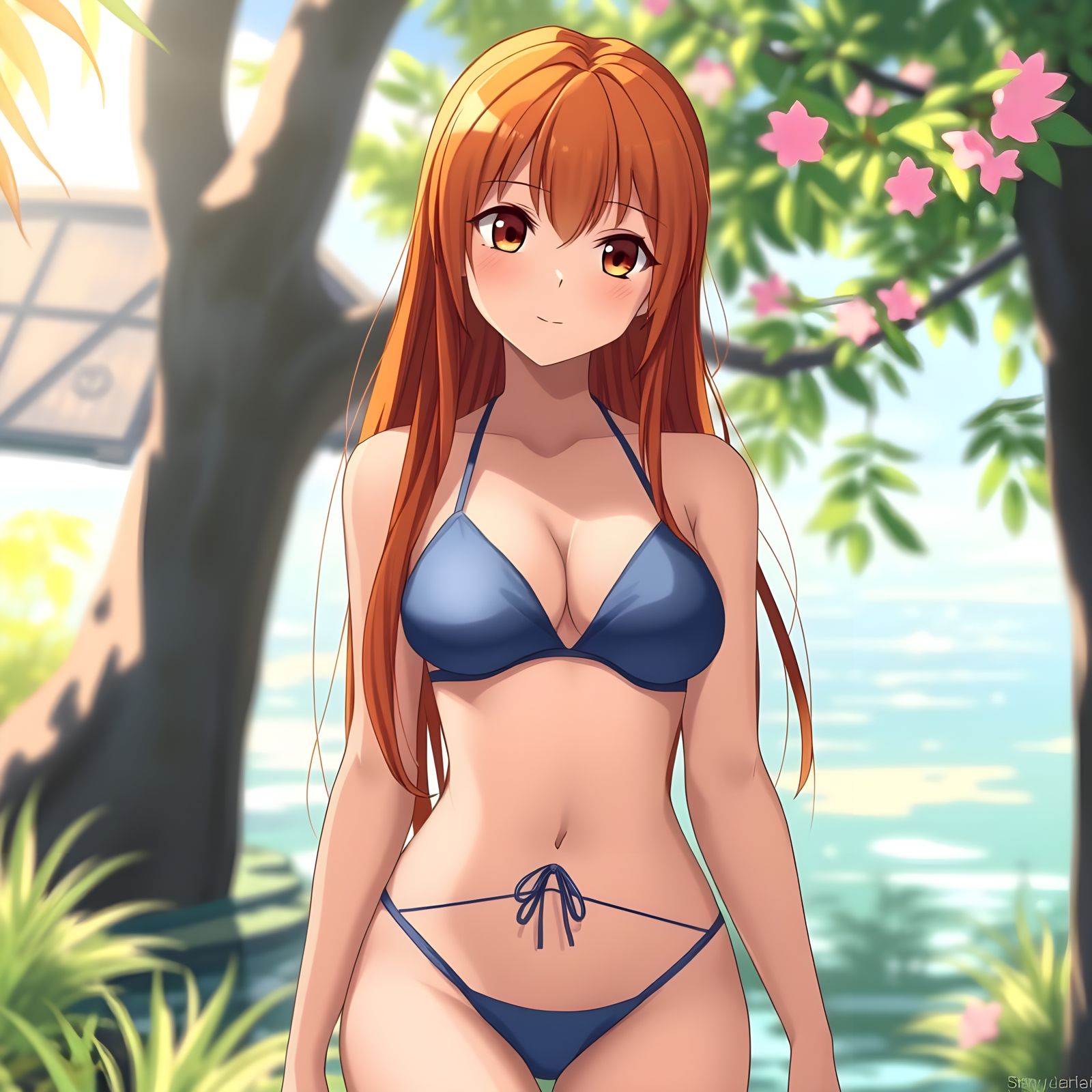 Anime Style Woman with Orange Hair in Bikini