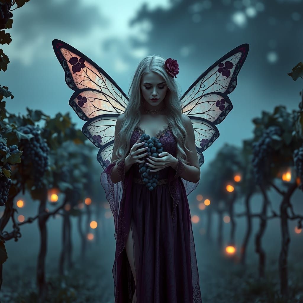 Mystical Grape Fairy in Twilight Vineyard
