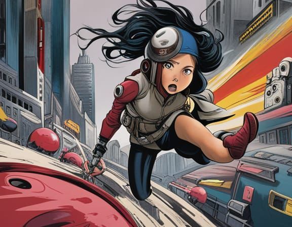 Dystopian Chase Scene in Street Art Style