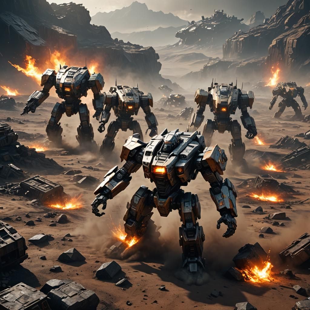 Apocalyptic Mech Battle in Sci-Fi Landscape
