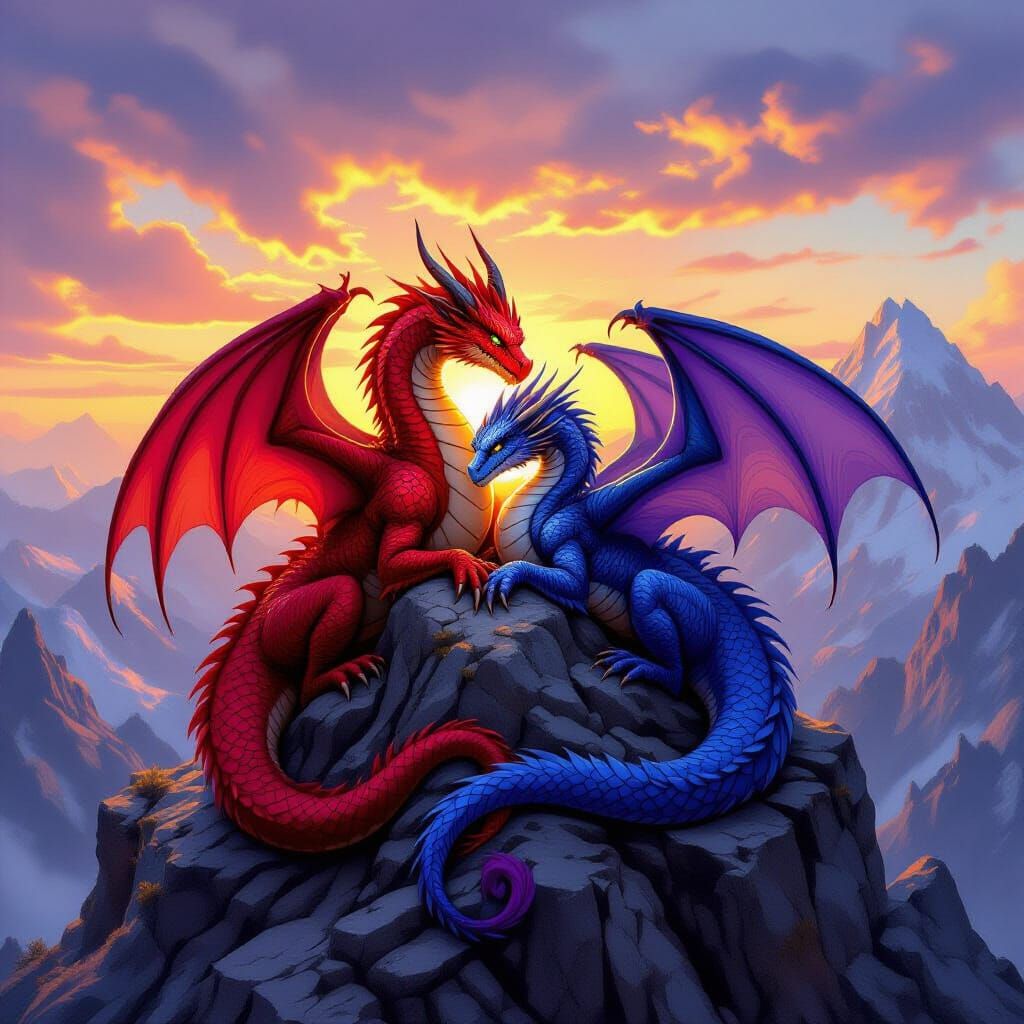 Majestic Dragons Cuddle on Mountain Peak at Sunset