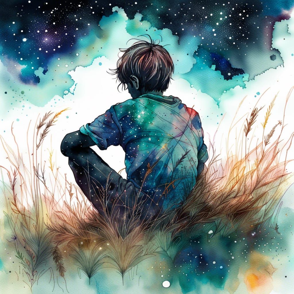 Watercolor Silhouette: Boy Gazing at Starry Sky