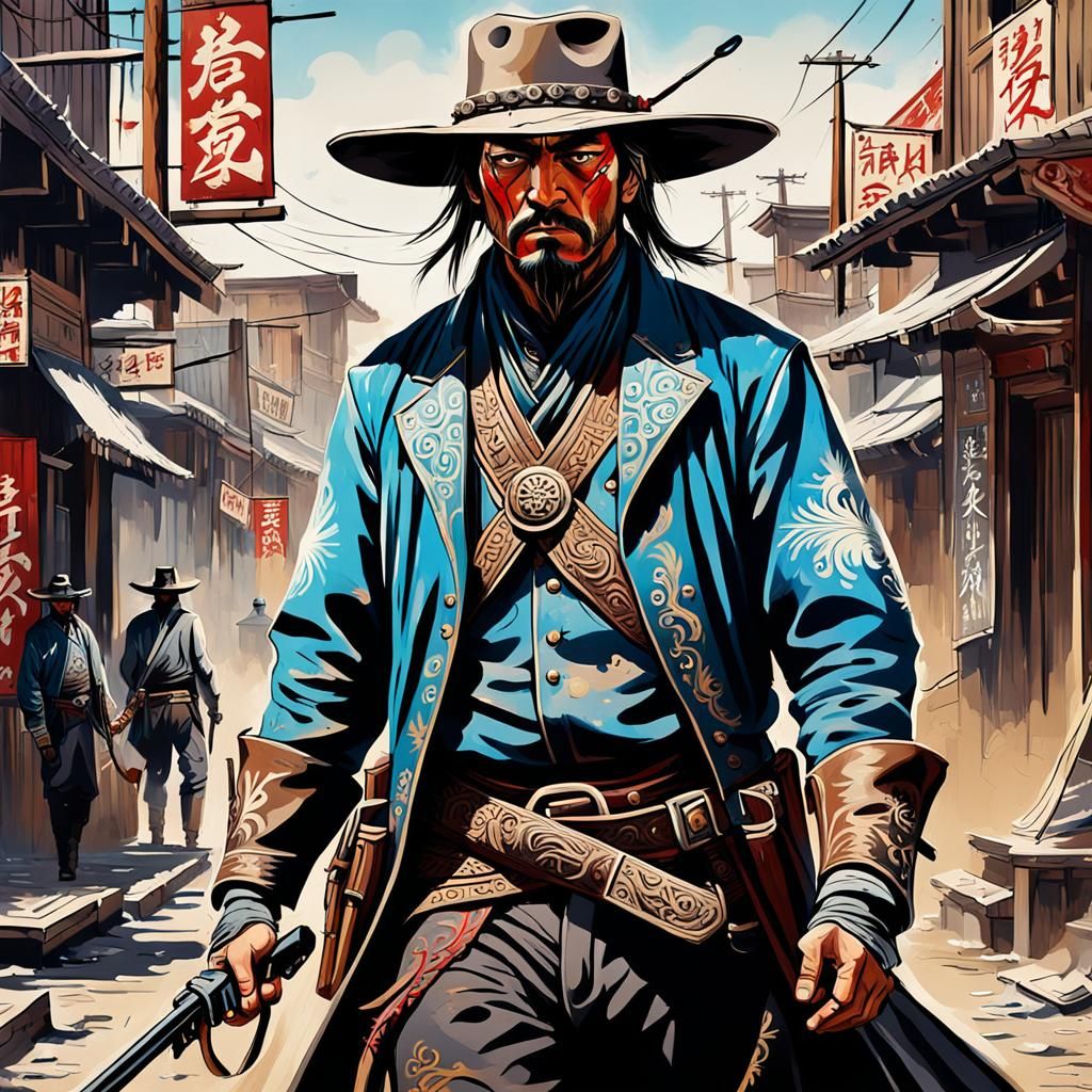 An outlaw in the street in the old west, 19th century  backg...