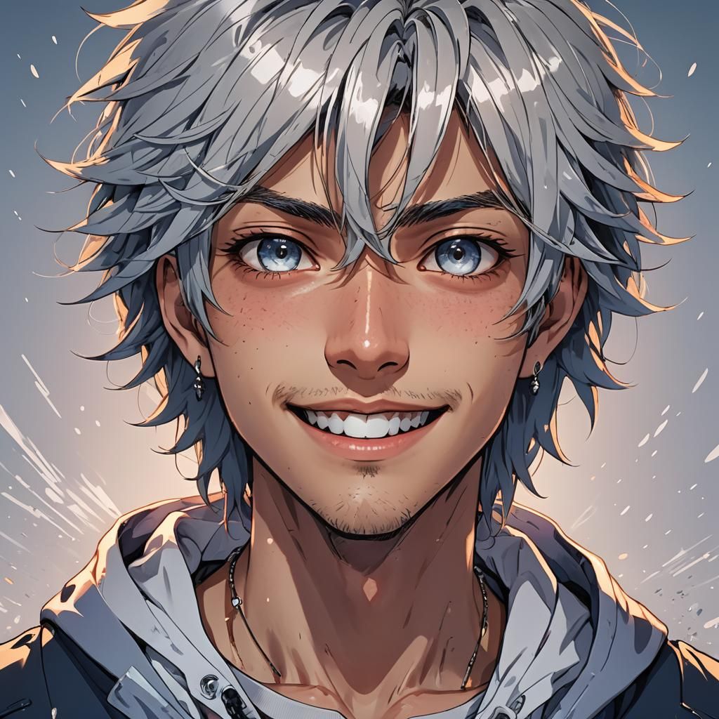 Anime Portrait with Piercing Eyes and Bold Smile