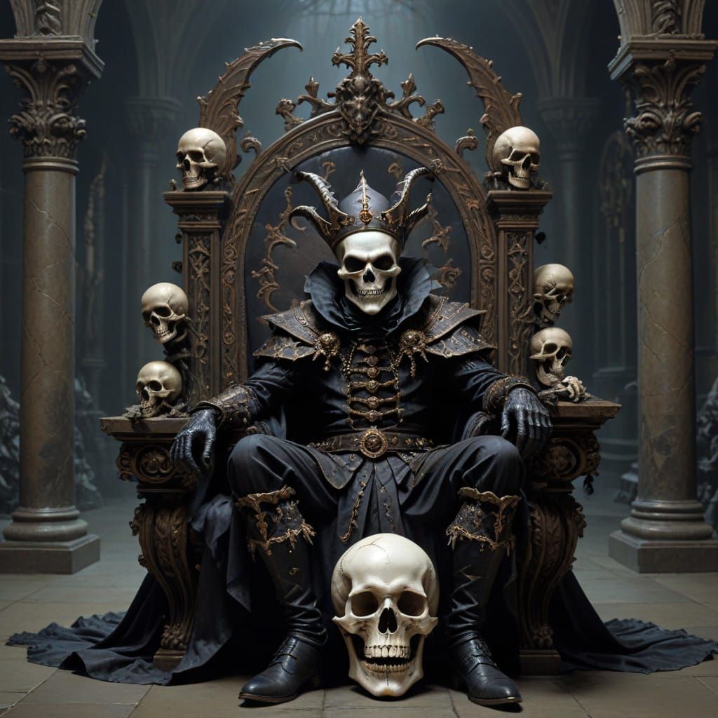 Mysterious Jester Contemplates Power in Dark Throne