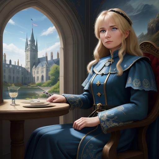 Woman in the castle sitting by a window.