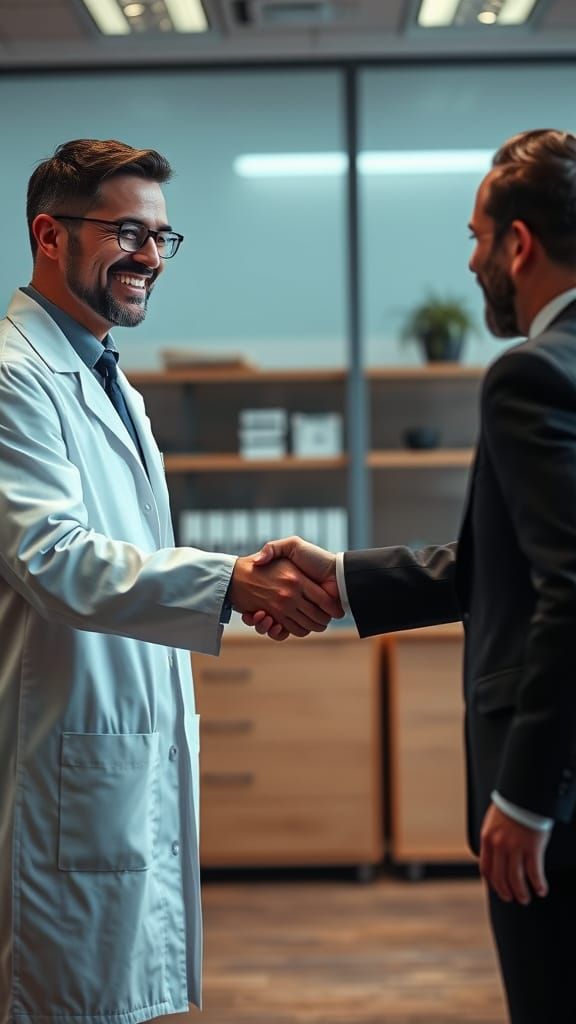 Dentist and Representative Handshake in Cinematic Style