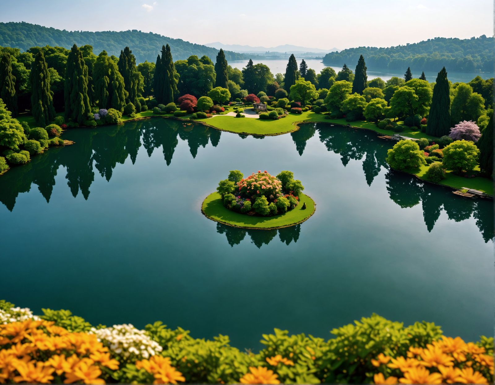 Island in Garden Park Lake: Hyperrealistic HDR Image