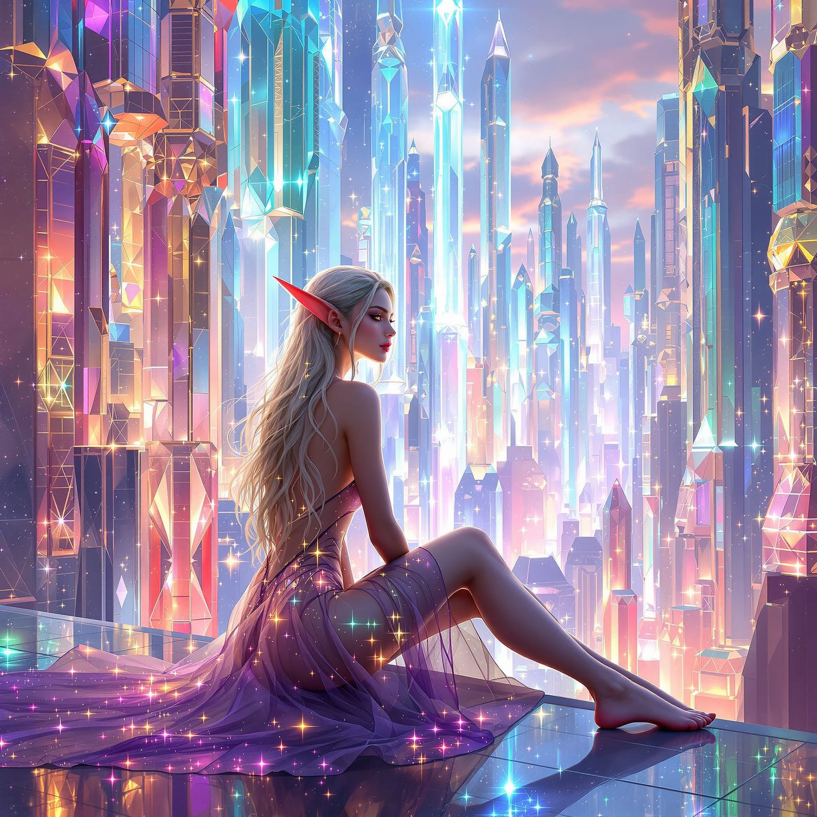 Elven Woman in Crystalline City Digital Painting