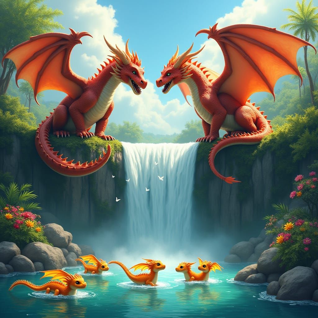 Dragons Watching Young Play by Waterfall