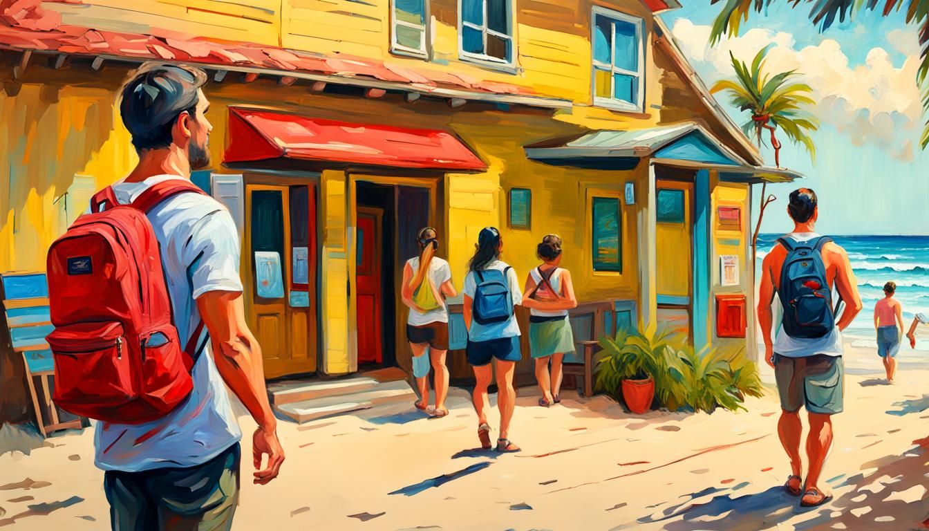 Backpacker Arrives at Beach Hostel: Expressionist Oil Painti...