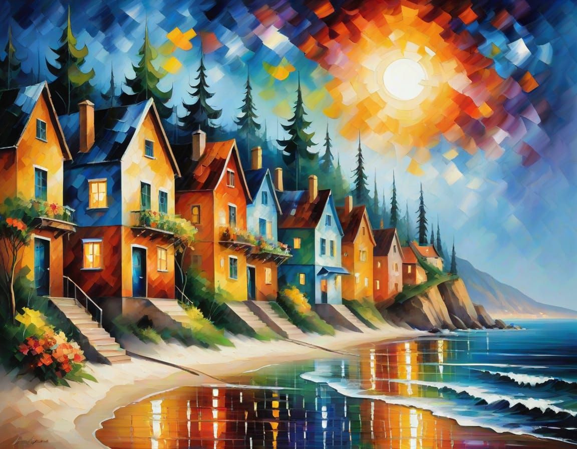 Impressionist Beach Houses in Vibrant Palette Knife Style