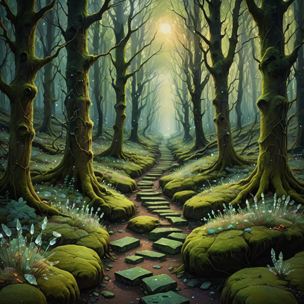 Glowing Crystals Light Forest Path