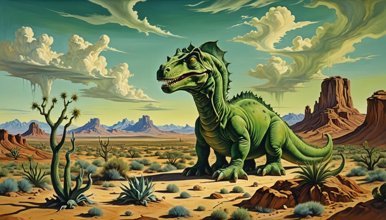 Surreal Arizona Landscape with Melting Dinosaur in Matte Oil...