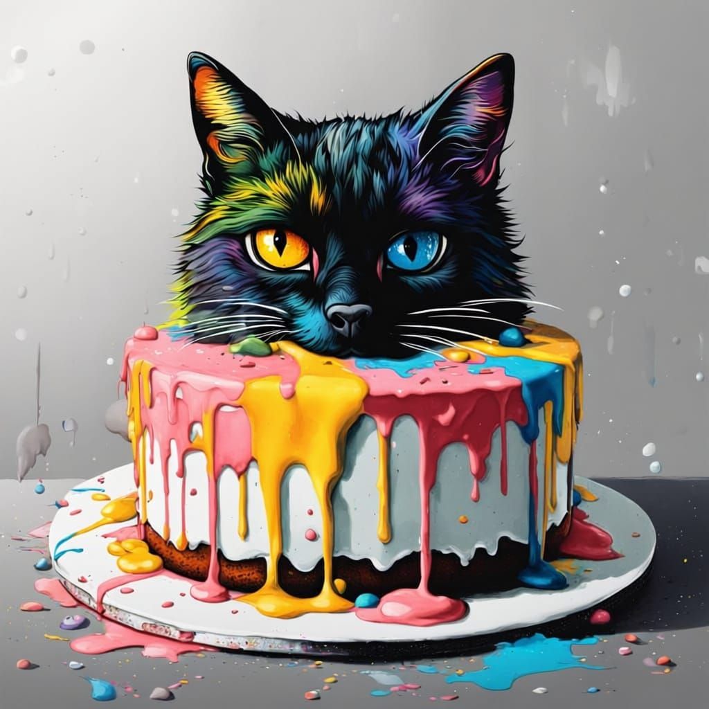 Black Cat and Cake in Vibrant Graffiti Art Style