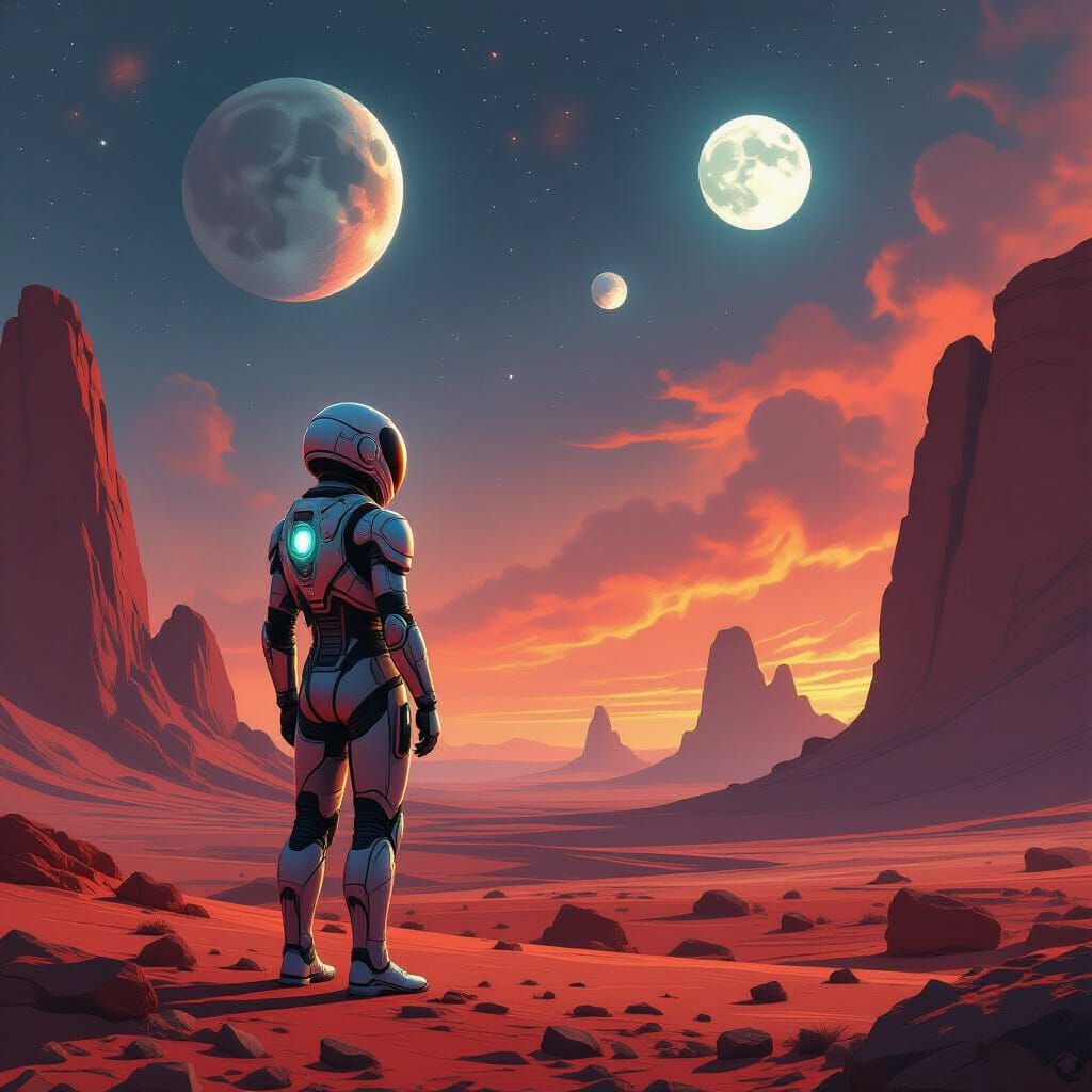 Alien Explorer on Crimson Planet in Digital Art Style