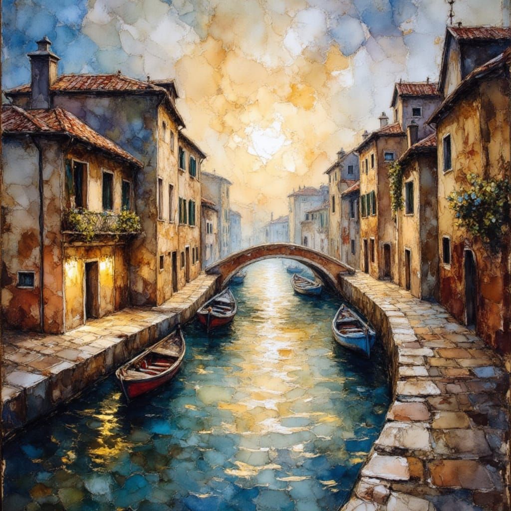 Venice Cityscape at Moonlight in Impasto Oil Painting