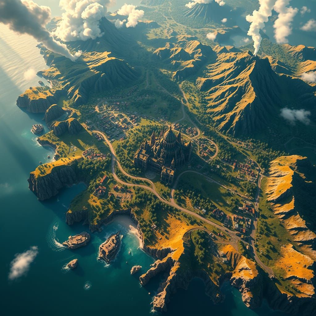 Epic Fantasy Realm with Kingdom, Mountains, and Ocean