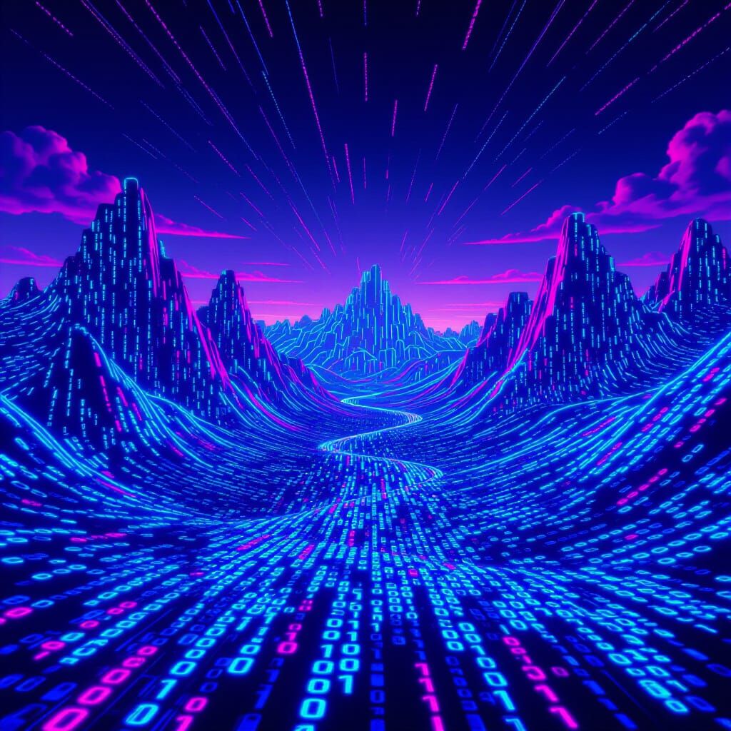 Cyberpunk Digital Landscape of Binary Code Mountains