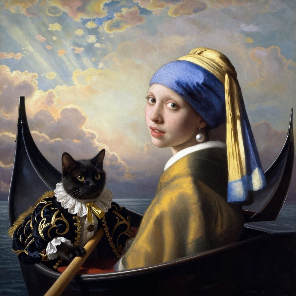 Venice Gondola Scene with Woman, Cat, and Divine Light