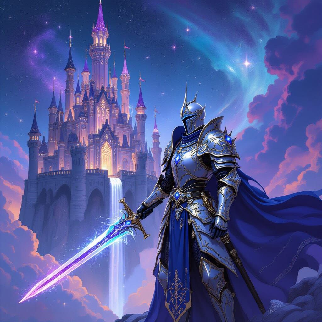 Celestial Knight Guarding Floating Castle in Cosmic Nebula