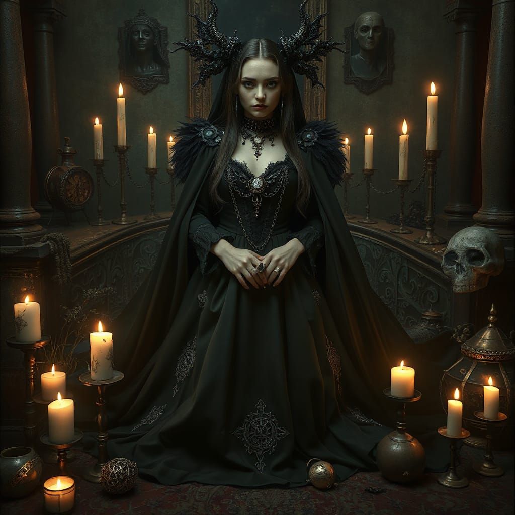 Mystical Woman in Gothic Attire with Occult Symbols