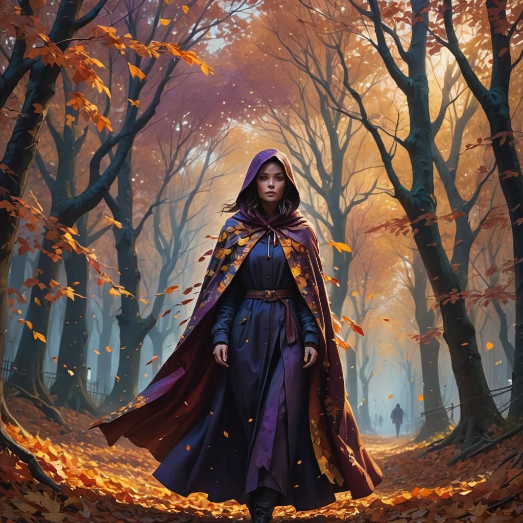 Hooded Figure in Autumn Leaves: Fantasy Concept Art
