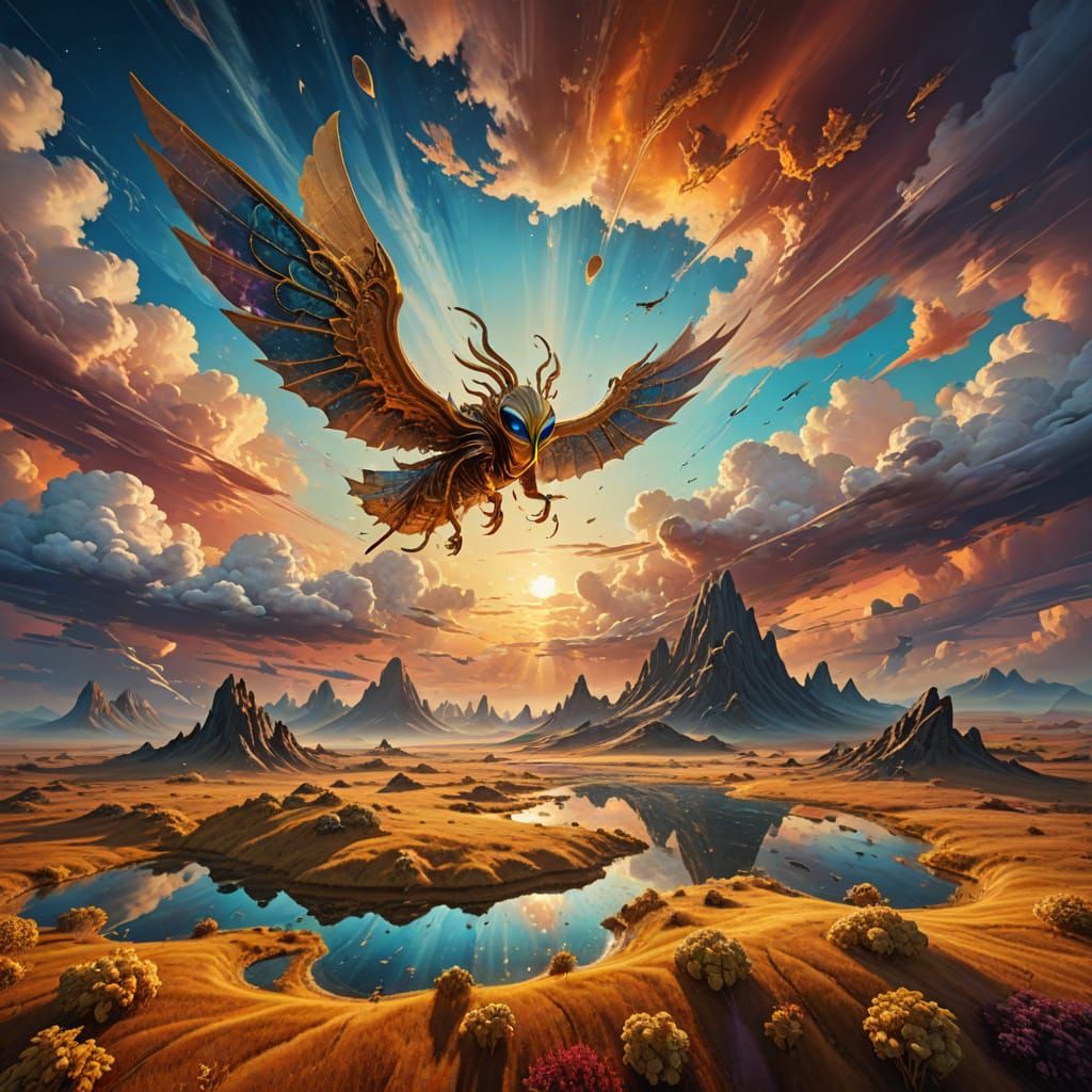 Surreal Alien Landscape with Wings in Impressionist Style