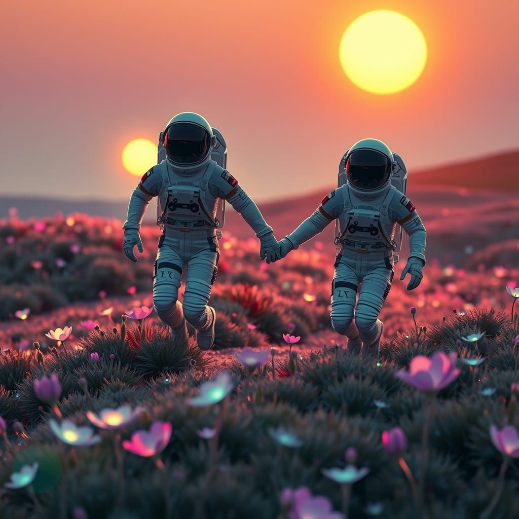 Stunning Alien Landscape with Astronaut Couple in Photoreali...