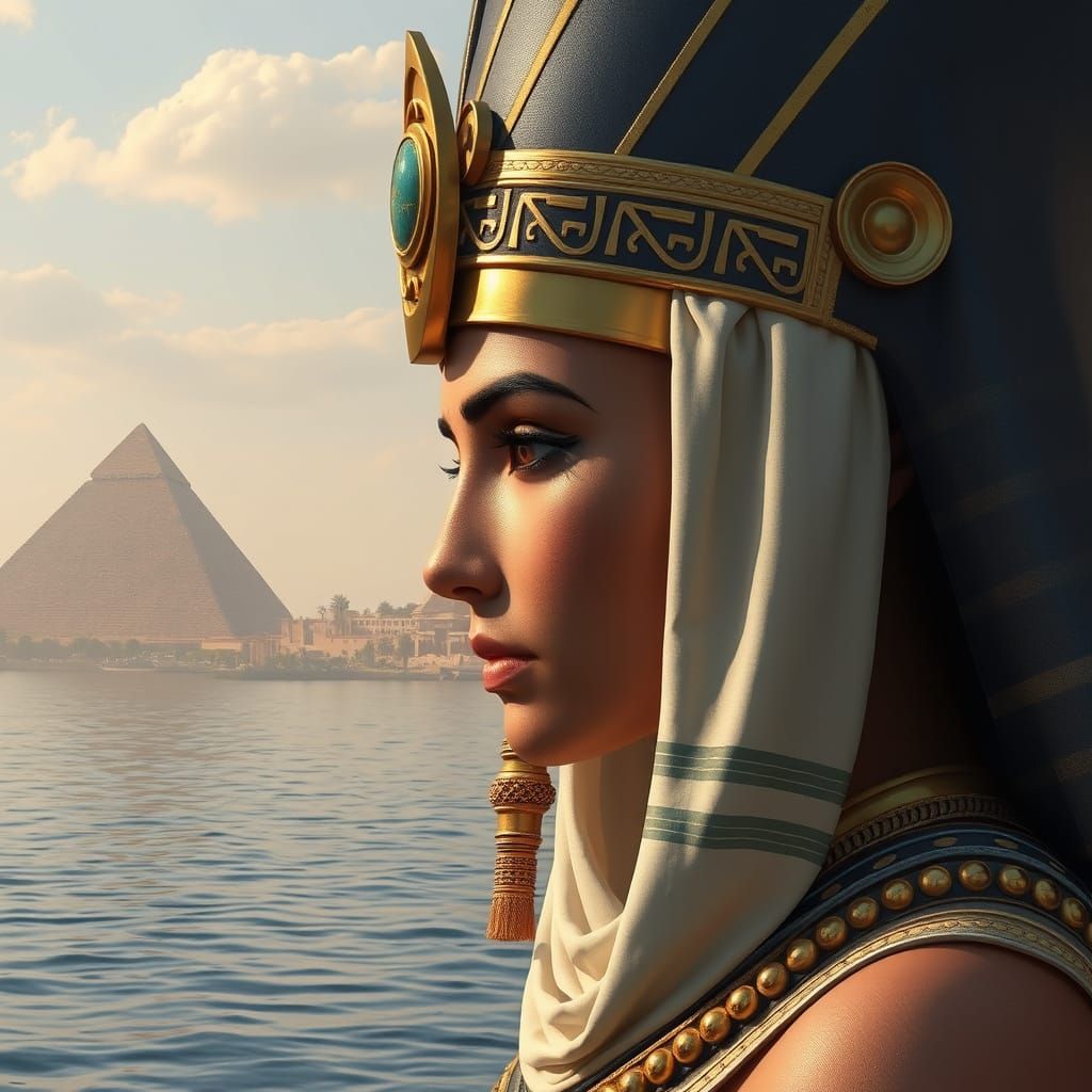 Egyptian Queen Stands by the Nile in Photorealistic Detail