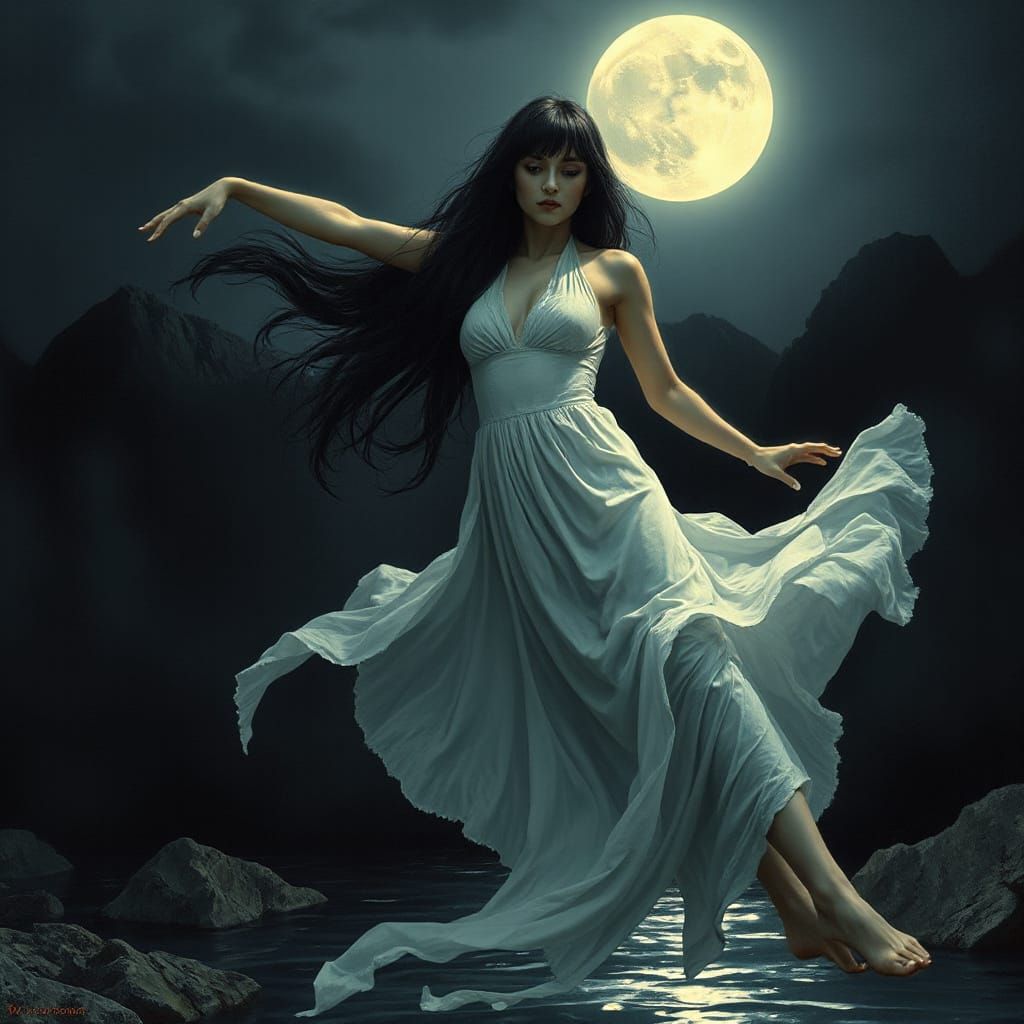 Ghostly Woman in White Floating in Dark River