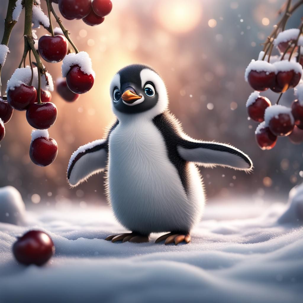 Cute Penguin Cub with Frozen Cherries in Snow