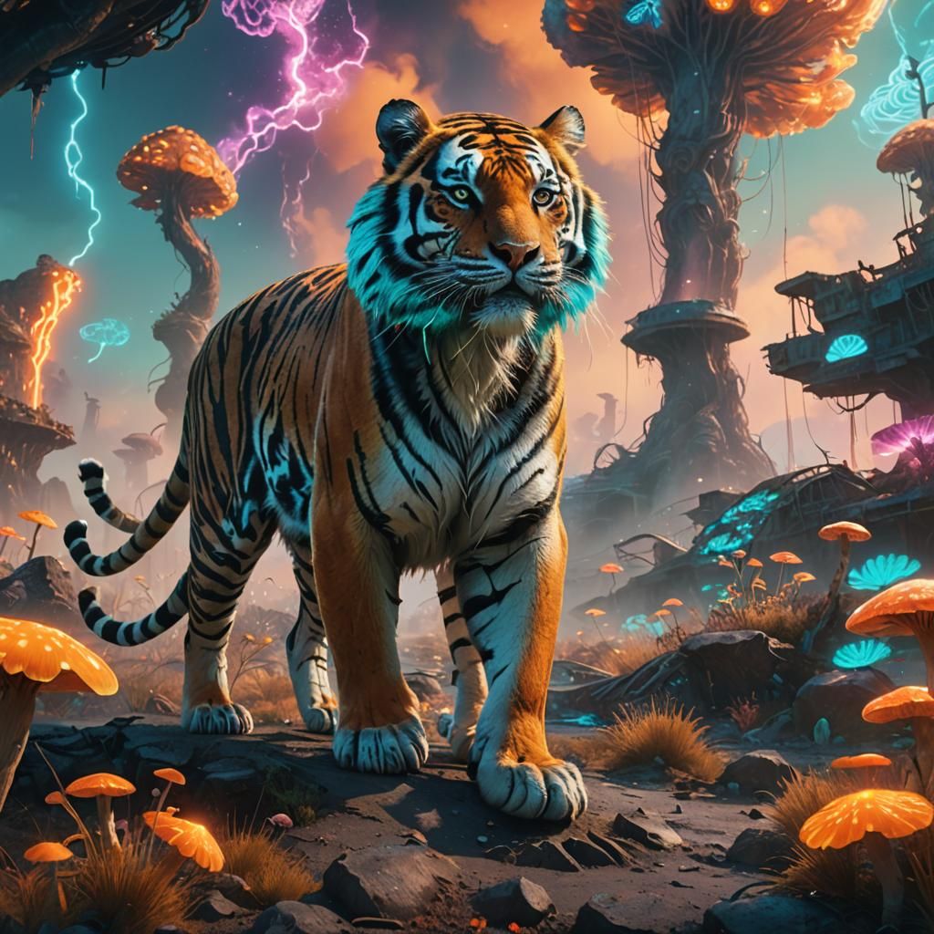 Luminous Tiger Radiating Aura in Toxic Wasteland