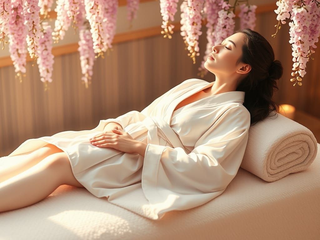 Serene Woman in Tranquil Spa Setting, Inspired by Studio Ghi...