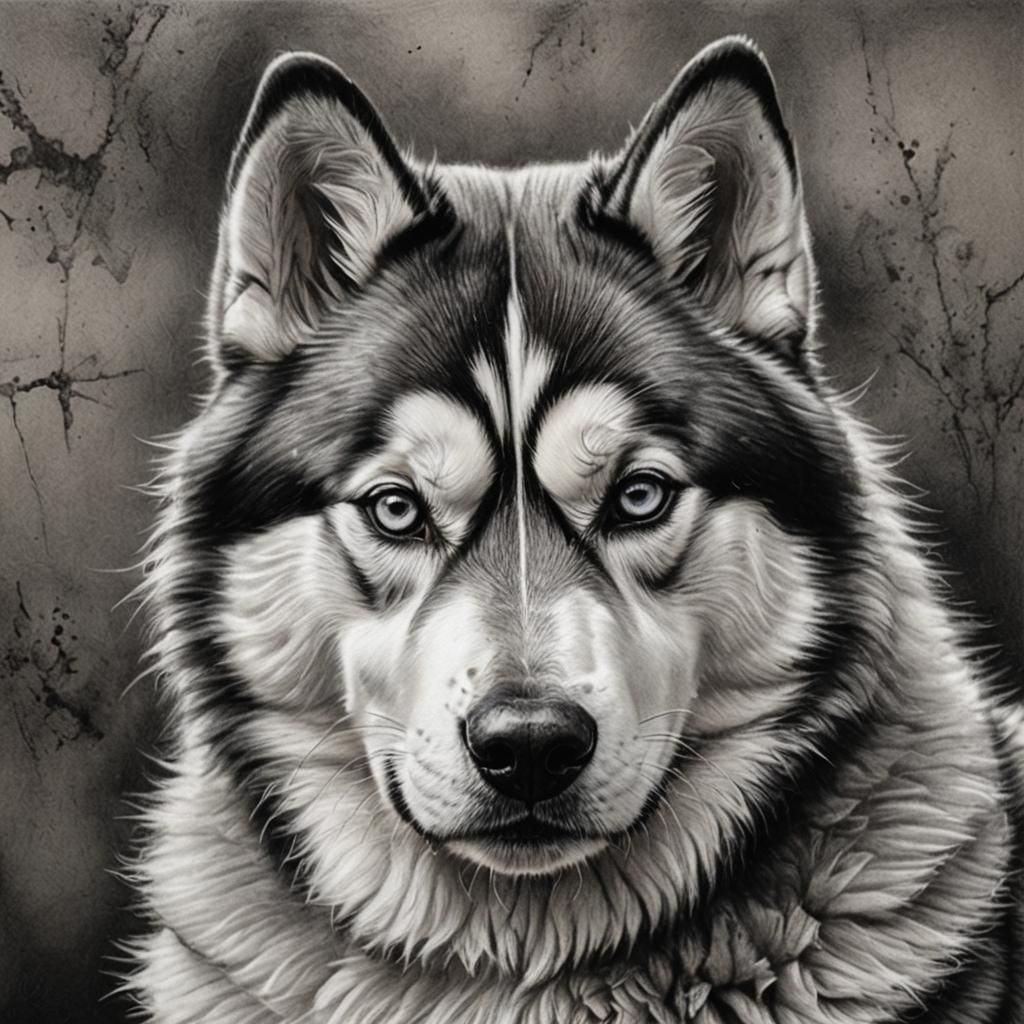 Hyperdetailed Charcoal Drawing of Siberian Husky