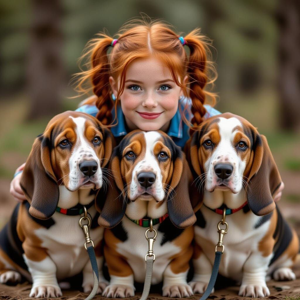 Redheaded Woman Tied Up by Basset Hounds